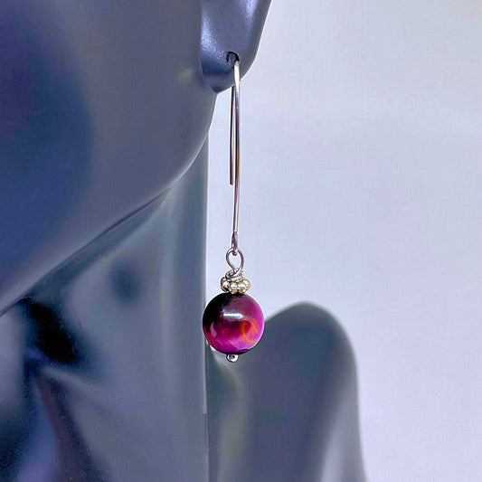 Stainless Steel V Shape Ear Wire accented with Purple Tiger Eye bead