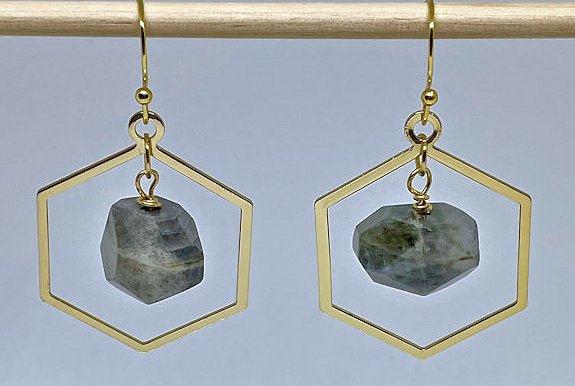 2" Gold-Plated Geometric Dangle Earrings with Labradorite Nugget Beads