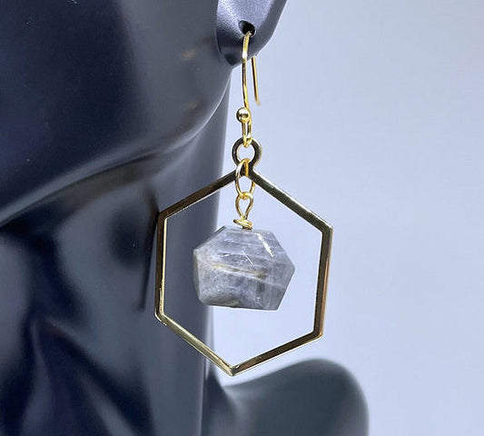 2" Gold-Plated Geometric Dangle Earrings with Labradorite Nugget Beads