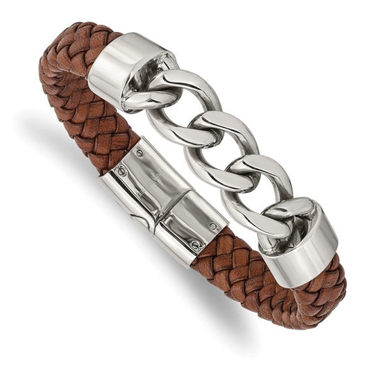 Stainless Steel Braided Brown Leather Bracelet