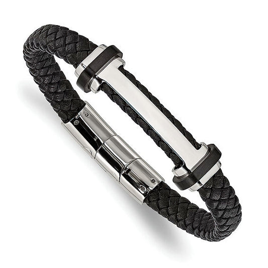 Braided Black Leather Bracelet Accented with Stainless Steel