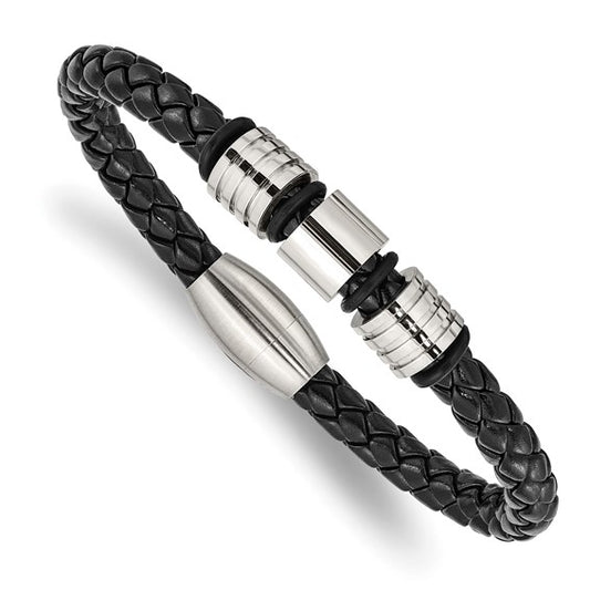 Urban Fusion: Stainless Steel Braided Black Leather Bracelet