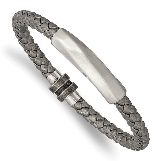 Stainless Steel Antiqued and Brushed Grey Leather Bracelet