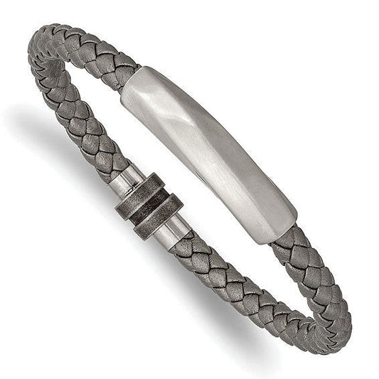 Stainless Steel Antiqued and Brushed Grey Leather Bracelet