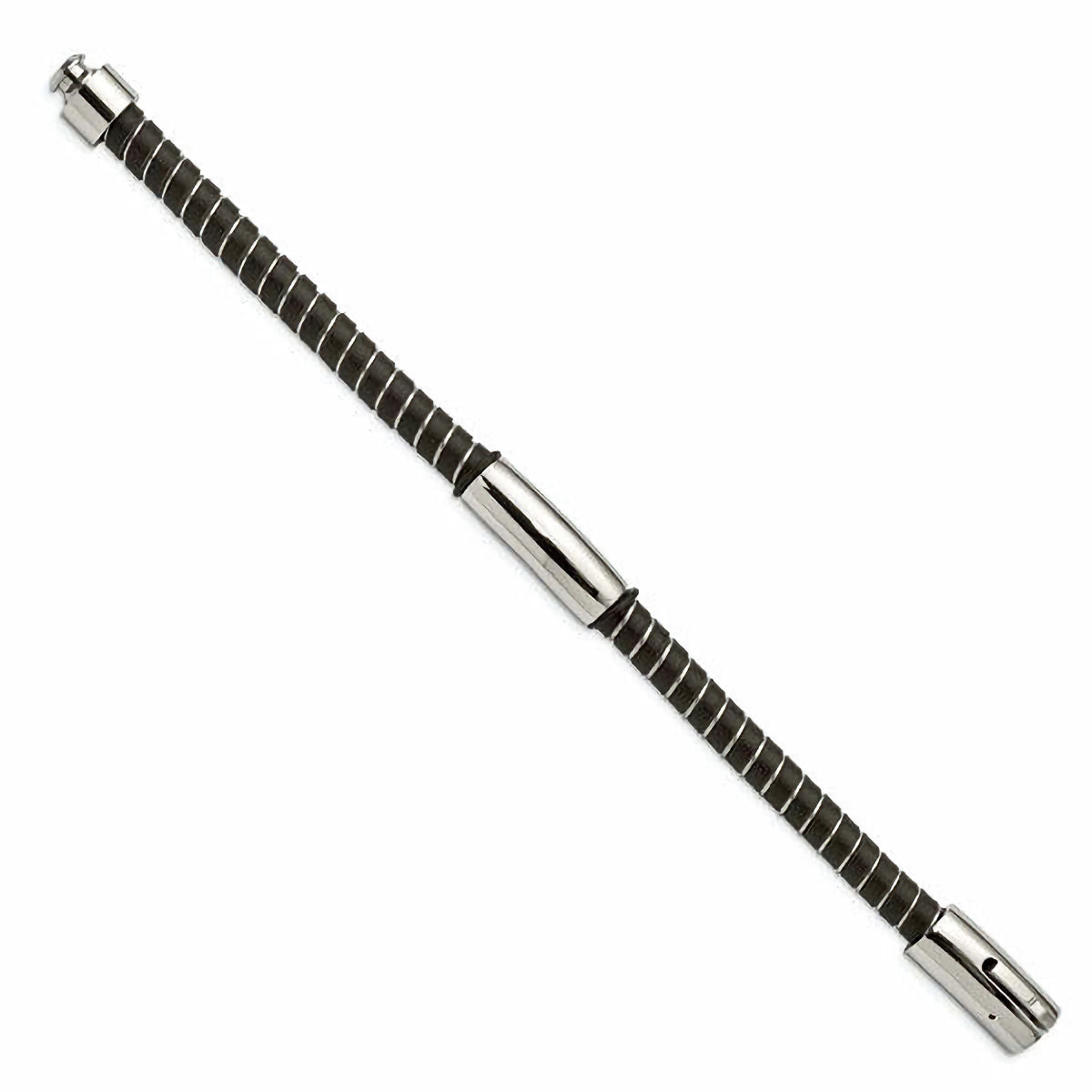 Polished Black Leather Stainless Steel Bracelet