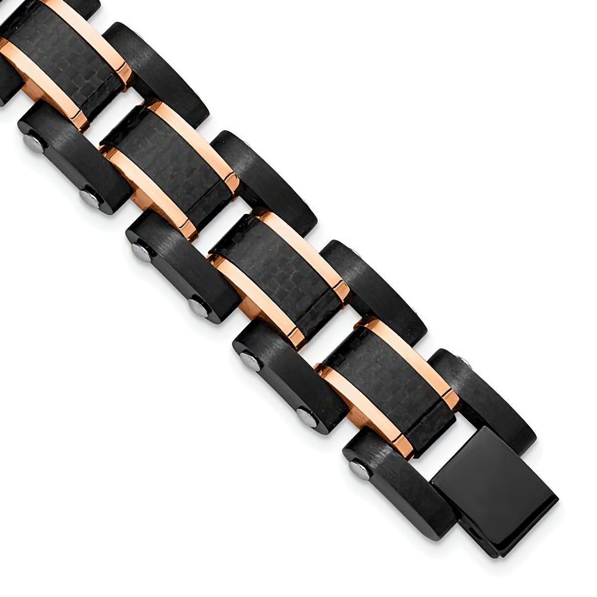 Stainless Steel Brushed & Polished Black & Rose IP-Plated Carbon Fiber Inlay Link Bracelet 8.5"
