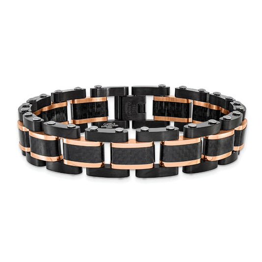 Stainless Steel Brushed & Polished Black & Rose IP-Plated Carbon Fiber Inlay Link Bracelet 8.5"