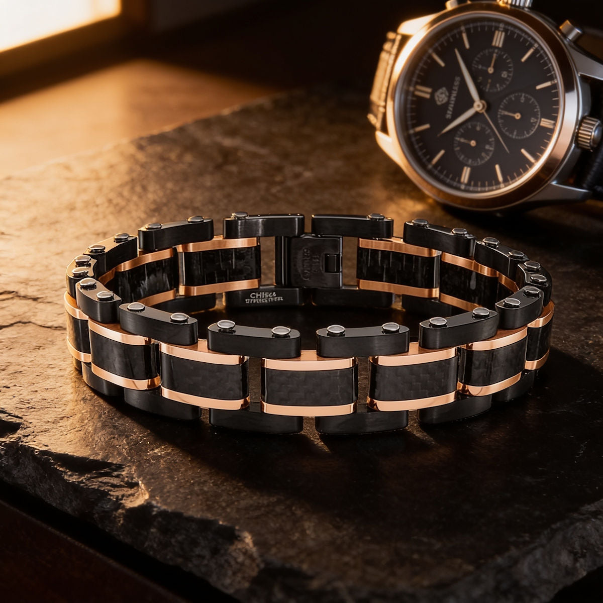 Stainless Steel Brushed & Polished Black & Rose IP-Plated Carbon Fiber Inlay Link Bracelet 8.5"