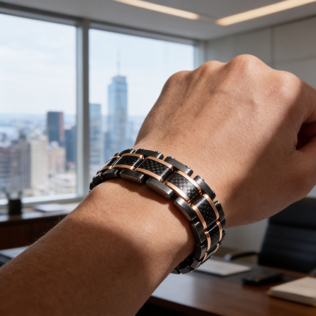Stainless Steel Brushed & Polished Black & Rose IP-Plated Carbon Fiber Inlay Link Bracelet 8.5"