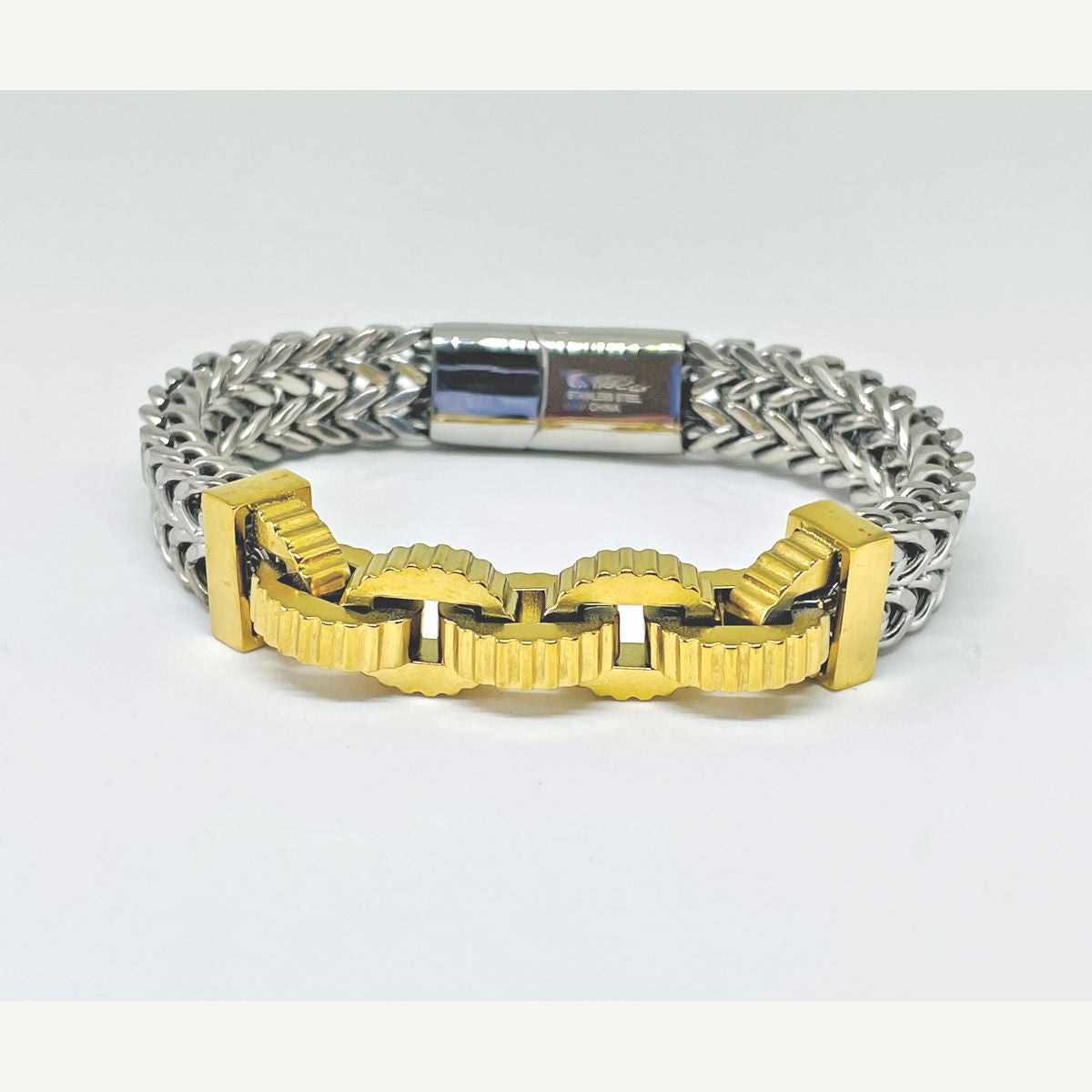 Two-Tone Stainless Steel Double Franco Link Bracelet with Yellow Gold IP Interlocking Gear Rings & Block Caps