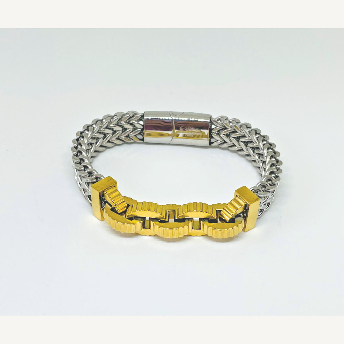 Two-Tone Stainless Steel Double Franco Link Bracelet with Yellow Gold IP Interlocking Gear Rings & Block Caps