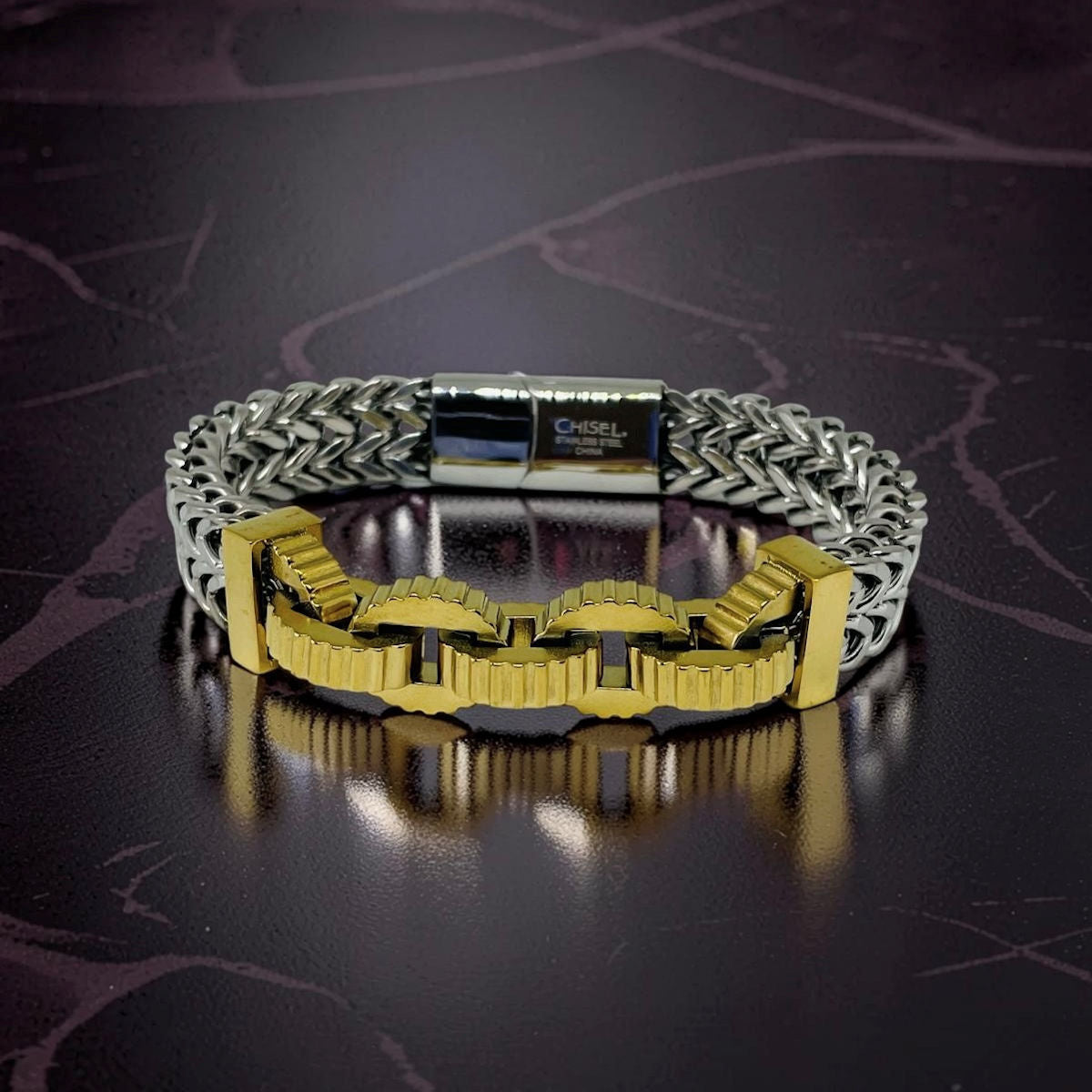 Two-Tone Stainless Steel Double Franco Link Bracelet with Yellow Gold IP Interlocking Gear Rings & Block Caps