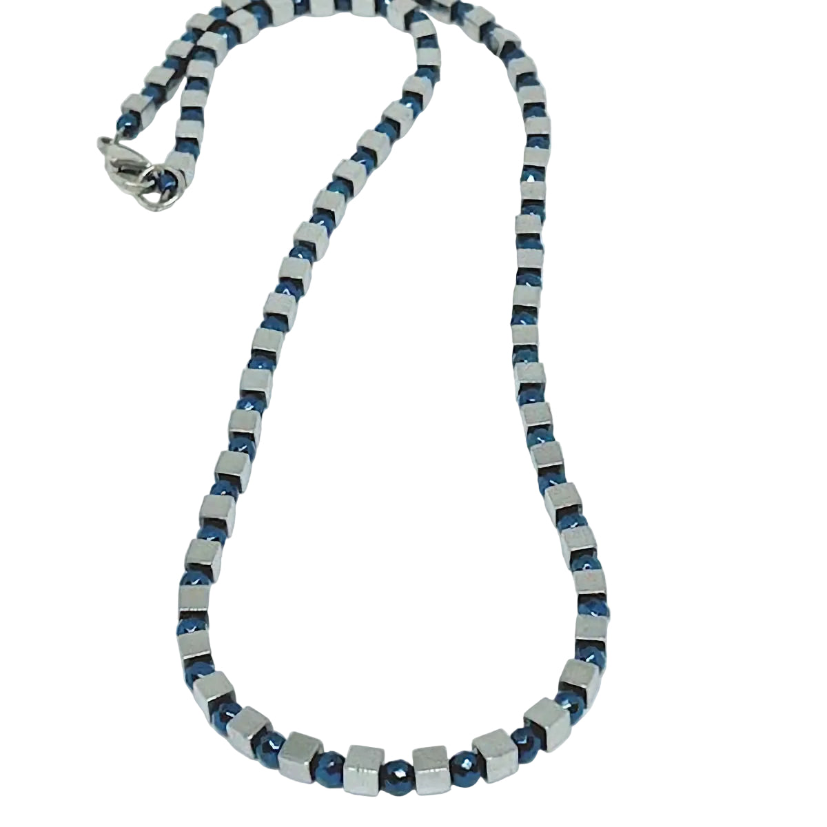 Cube-Shaped Silver Hematite Necklace with Metallic Blue Bead Accents