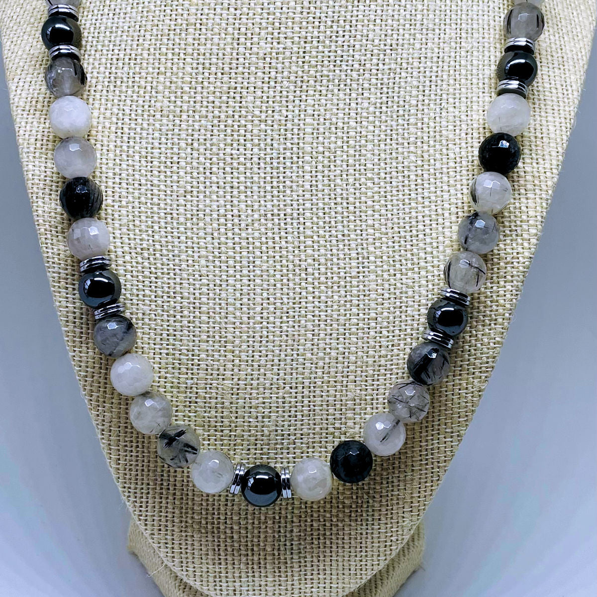 20" Black Rutilated Beaded Necklace with Rondelle Hematite Spacers & Dark Gray Hematite Focal Bead