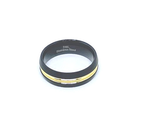 Black Stainless Steel Ring with Gold Striped Band