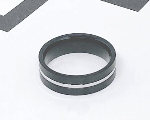 Black Stainless Steel Ring with Silver Satin Band