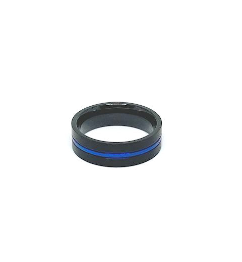 Black Stainless Steel Ring with Blue Striped Band