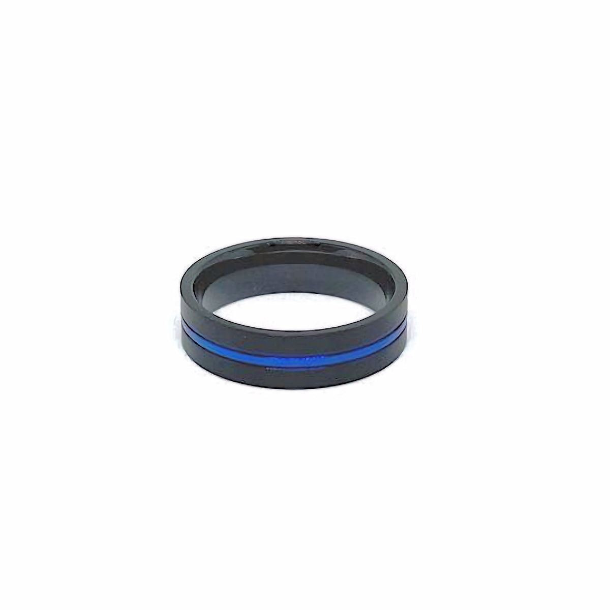 Black Stainless Steel Ring with Blue Striped Band