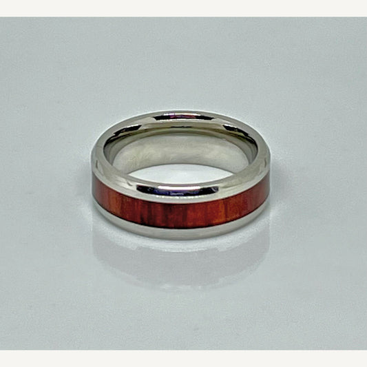 Men's Stainless Steel Ring with Red Koa Wood Inlay, Size 10