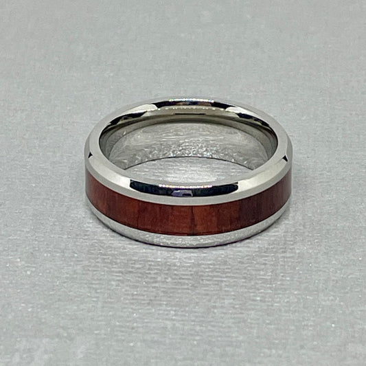 Men's Stainless Steel Ring with Red Koa Wood Inlay, Size 10