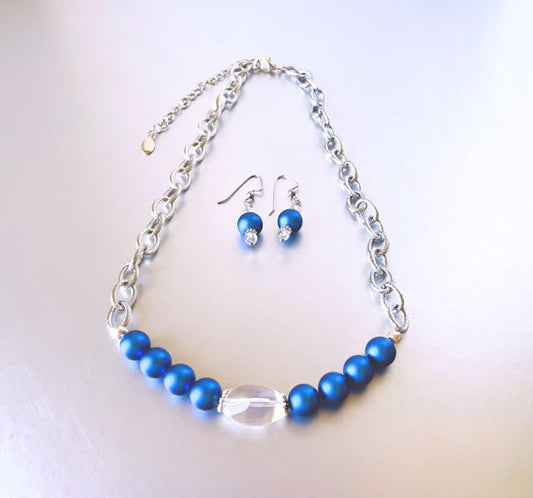 Iridescent Blue Pearl and Clear Quartz Necklace & Earring Set