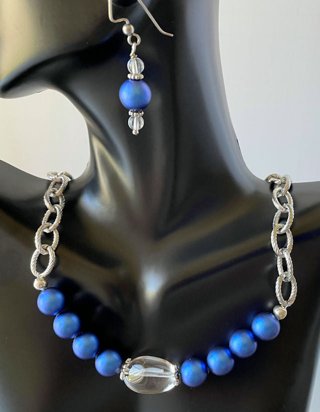 Iridescent Blue Pearl and Clear Quartz Necklace & Earring Set