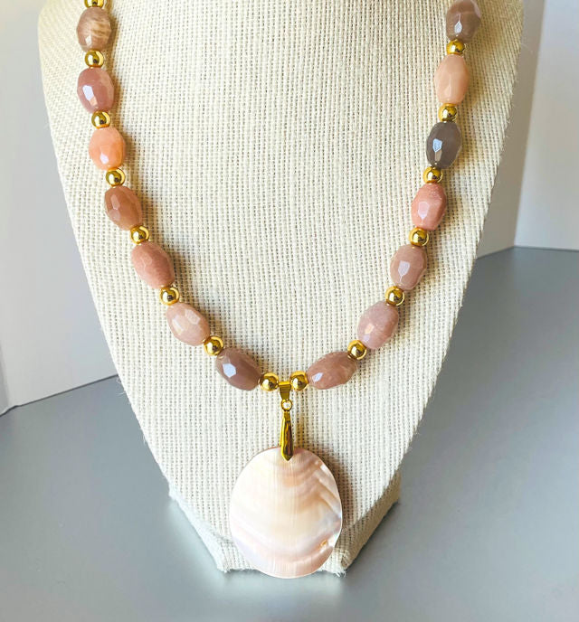 Elegant 20" Multi-Moonstone Necklace with Gold Hematite Beads & Mother-of-Pearl Pendant