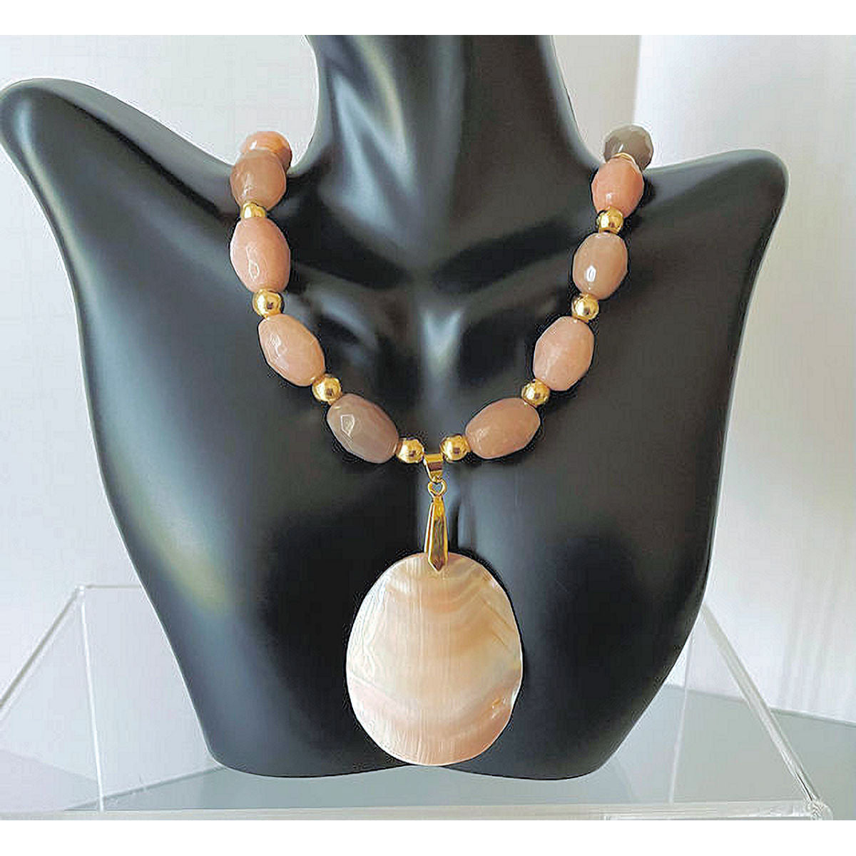 Elegant 20" Multi-Moonstone Necklace with Gold Hematite Beads & Mother-of-Pearl Pendant