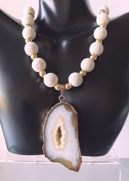 Unique 20" Lava Bead Necklace with Cream Agate Geode Quartz Druzy Pendant