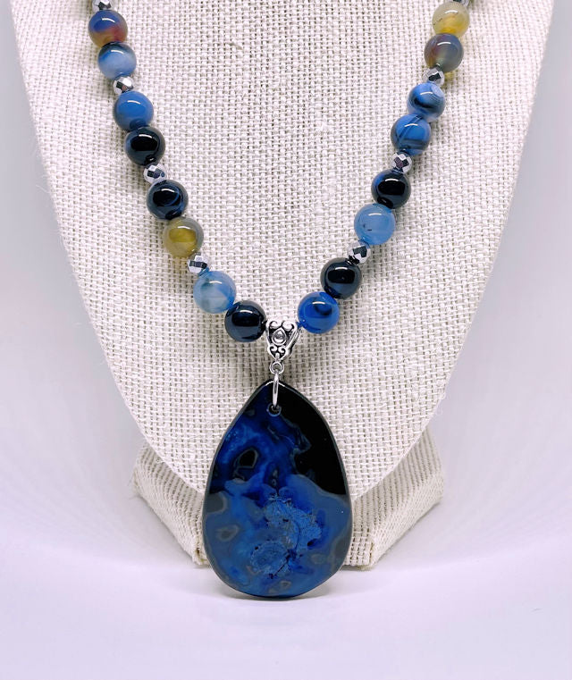 Blue Banded Agate Necklace Accented with Blue Black Fire Agate Pendant