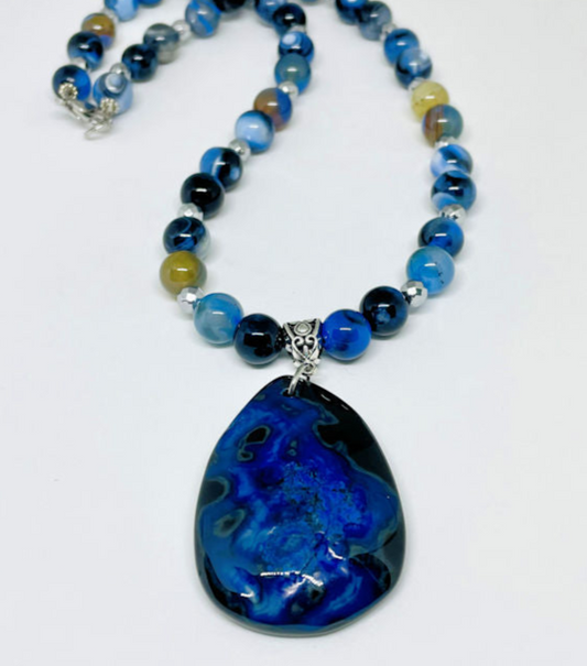 Blue Banded Agate Necklace Accented with Blue Black Fire Agate Pendant