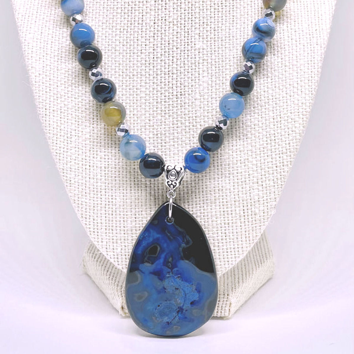 Blue Banded Agate Necklace Accented with Blue Black Fire Agate Pendant