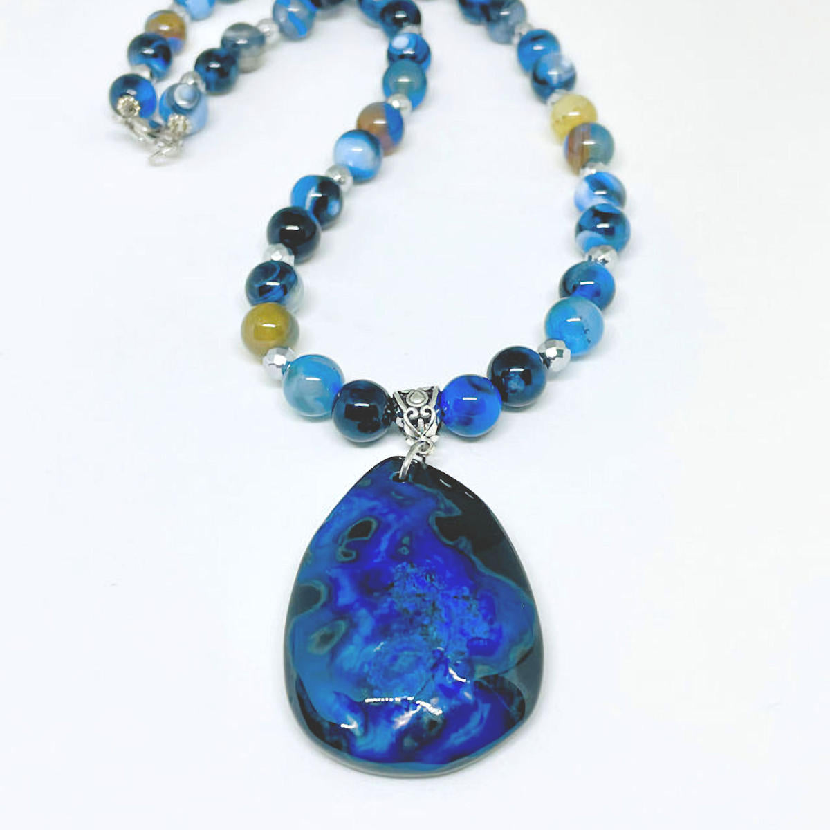 Blue Banded Agate Necklace Accented with Blue Black Fire Agate Pendant