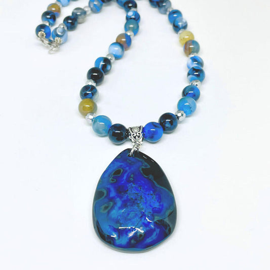 Blue Banded Agate Necklace Accented with Blue Black Fire Agate Pendant