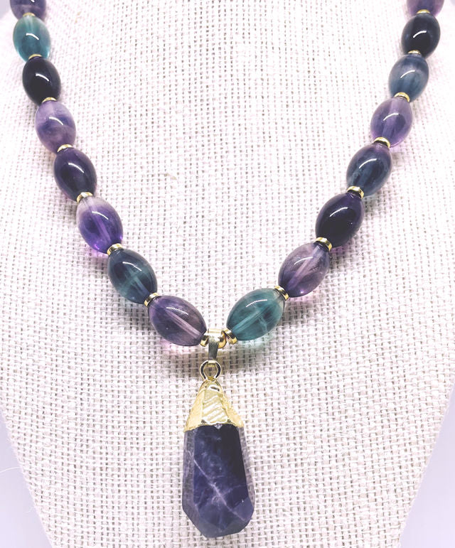 Oval Fluorite Beaded Necklace with Amethyst Nugget Pendant and Gold Hematite Spacers