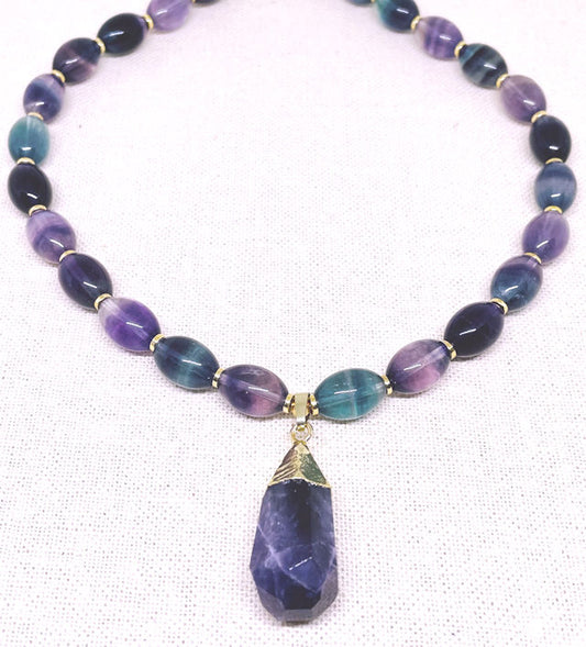 Oval Fluorite Beaded Necklace with Amethyst Nugget Pendant and Gold Hematite Spacers