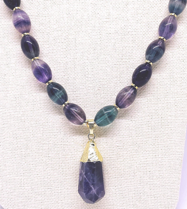 Oval Fluorite Beaded Necklace with Amethyst Nugget Pendant and Gold Hematite Spacers