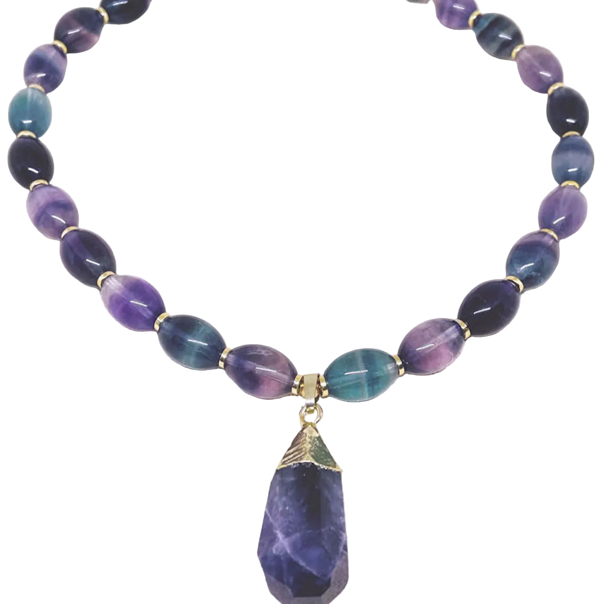 Oval Fluorite Beaded Necklace with Amethyst Nugget Pendant and Gold Hematite Spacers