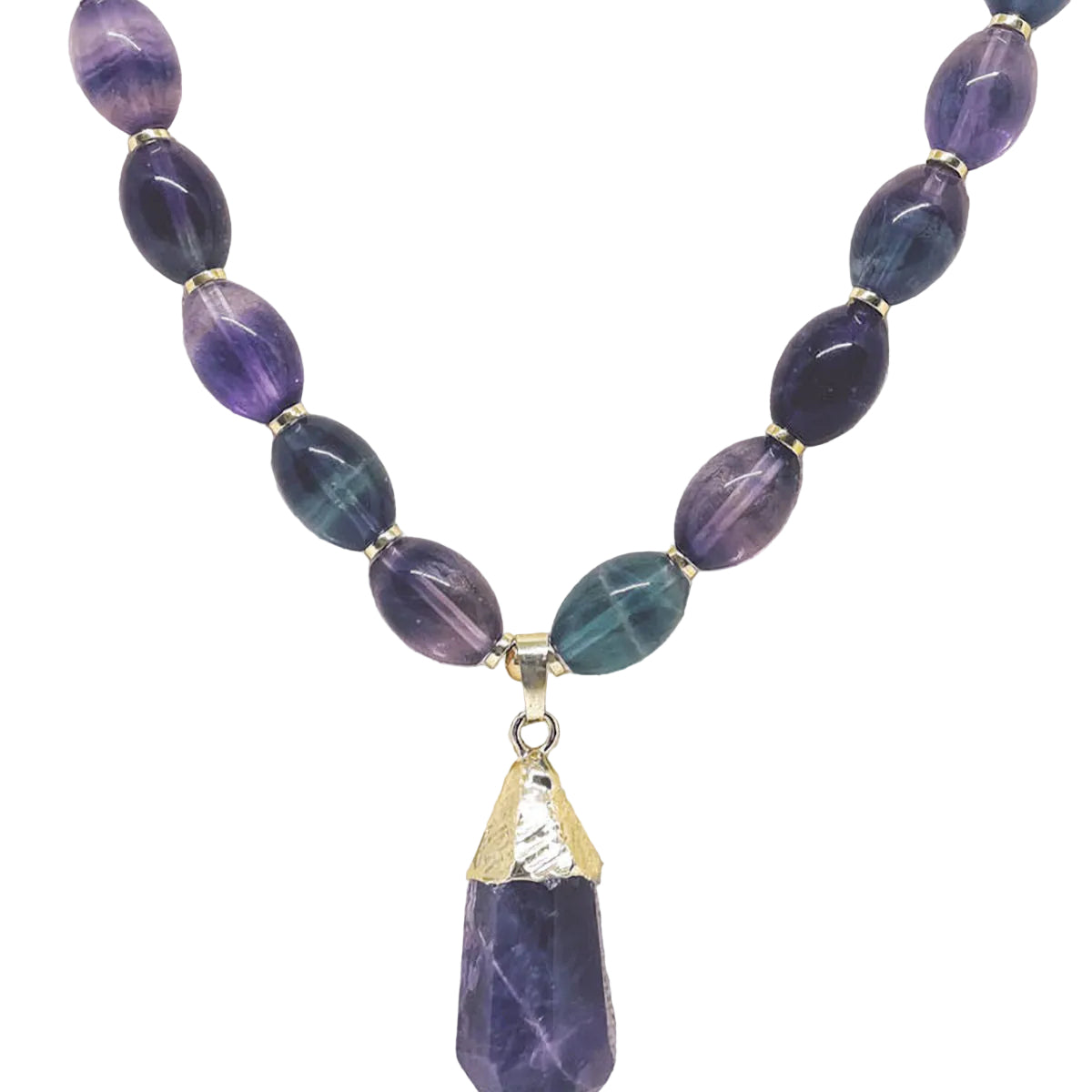 Oval Fluorite Beaded Necklace with Amethyst Nugget Pendant and Gold Hematite Spacers