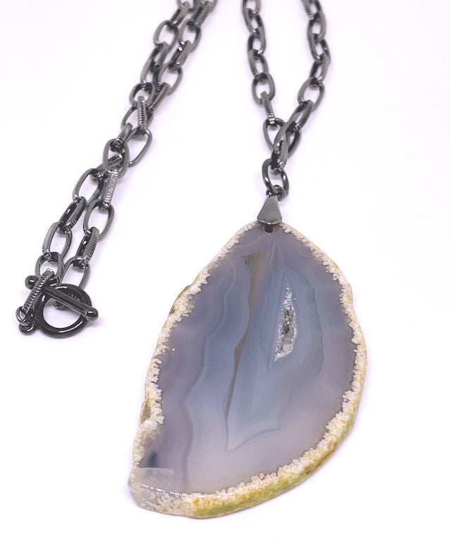 Unisex Necklace: Gray Agate Slab Pendant with 20" Gunmetal Chain