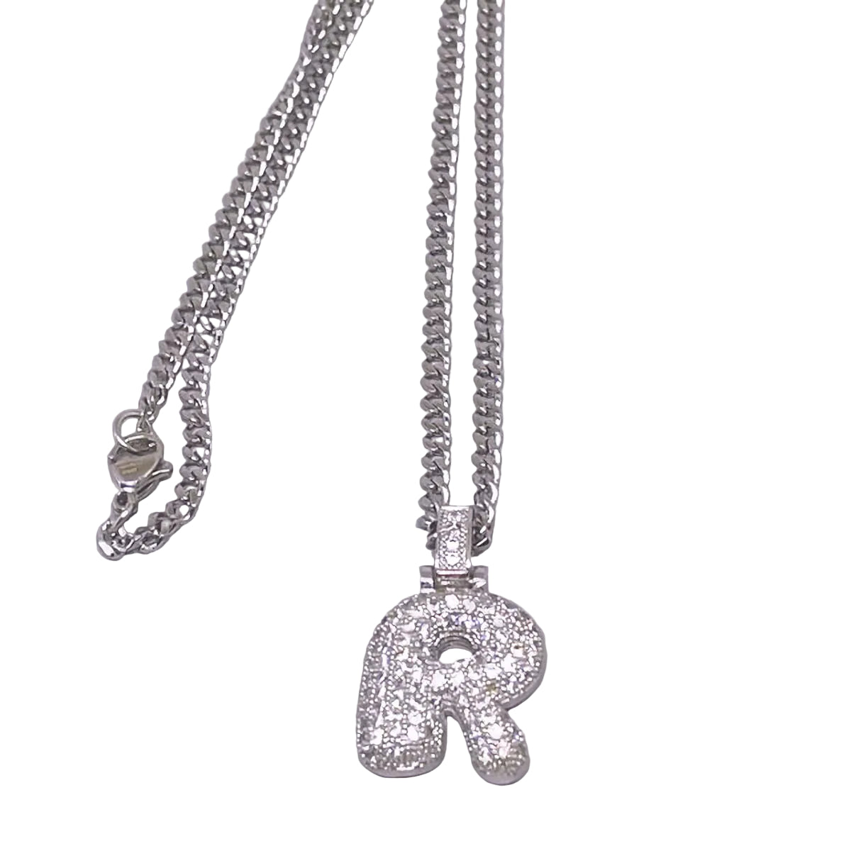 Pave Puff "R" Initial Necklace with Stainless Steel Chain