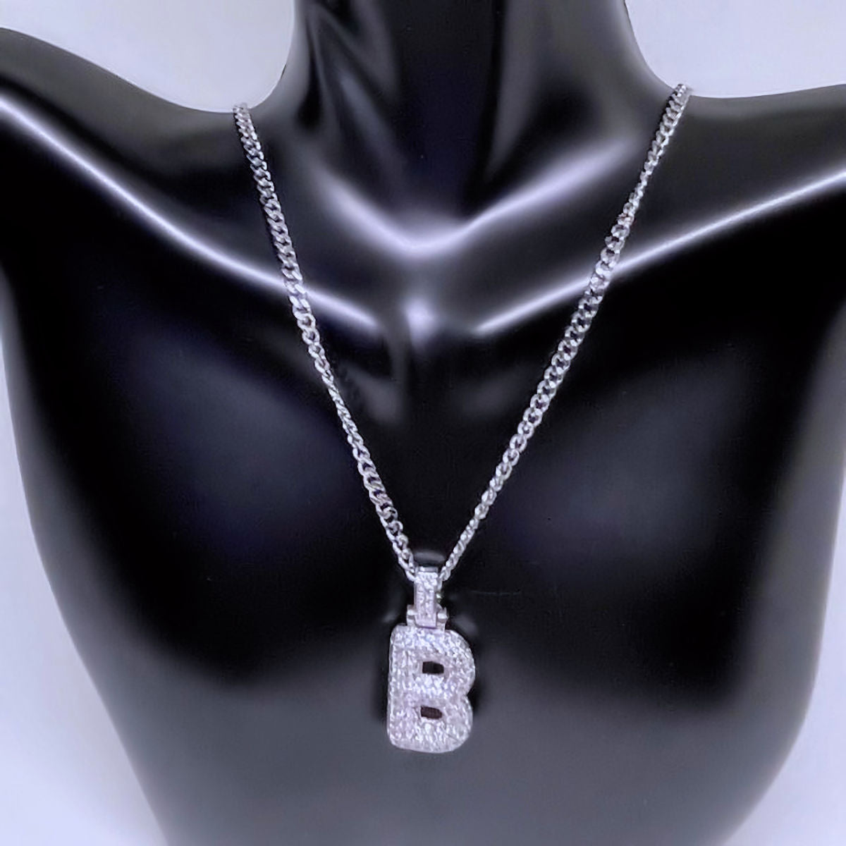 Pave Puff Initial "B" Necklace with Stainless Steel Chain