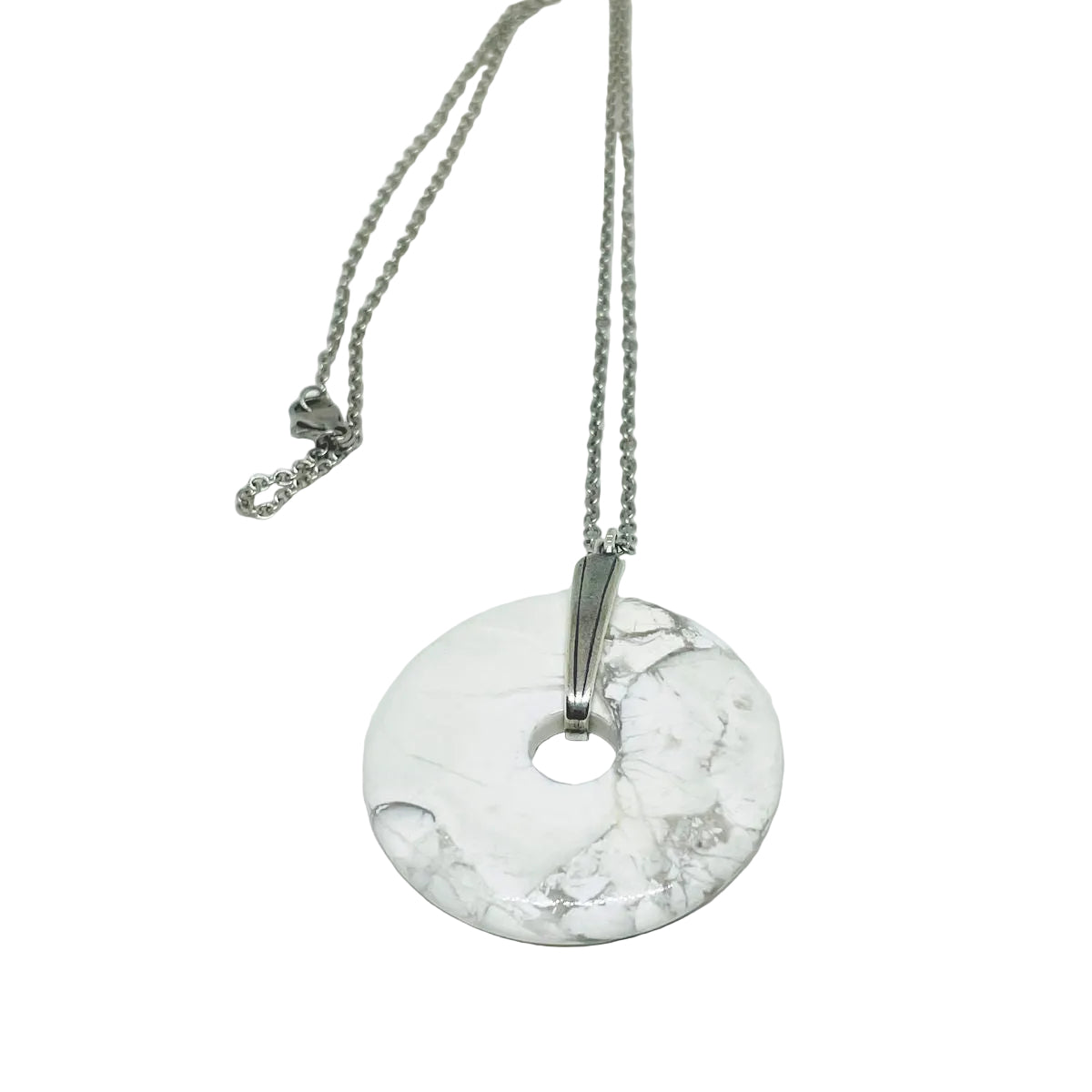 White Howlite Gemstone Donut Pendant with Stainless Steel Chain