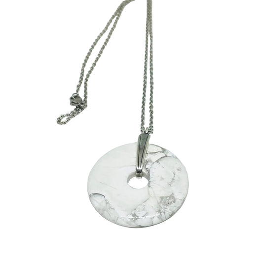 White Howlite Gemstone Donut Pendant with Stainless Steel Chain
