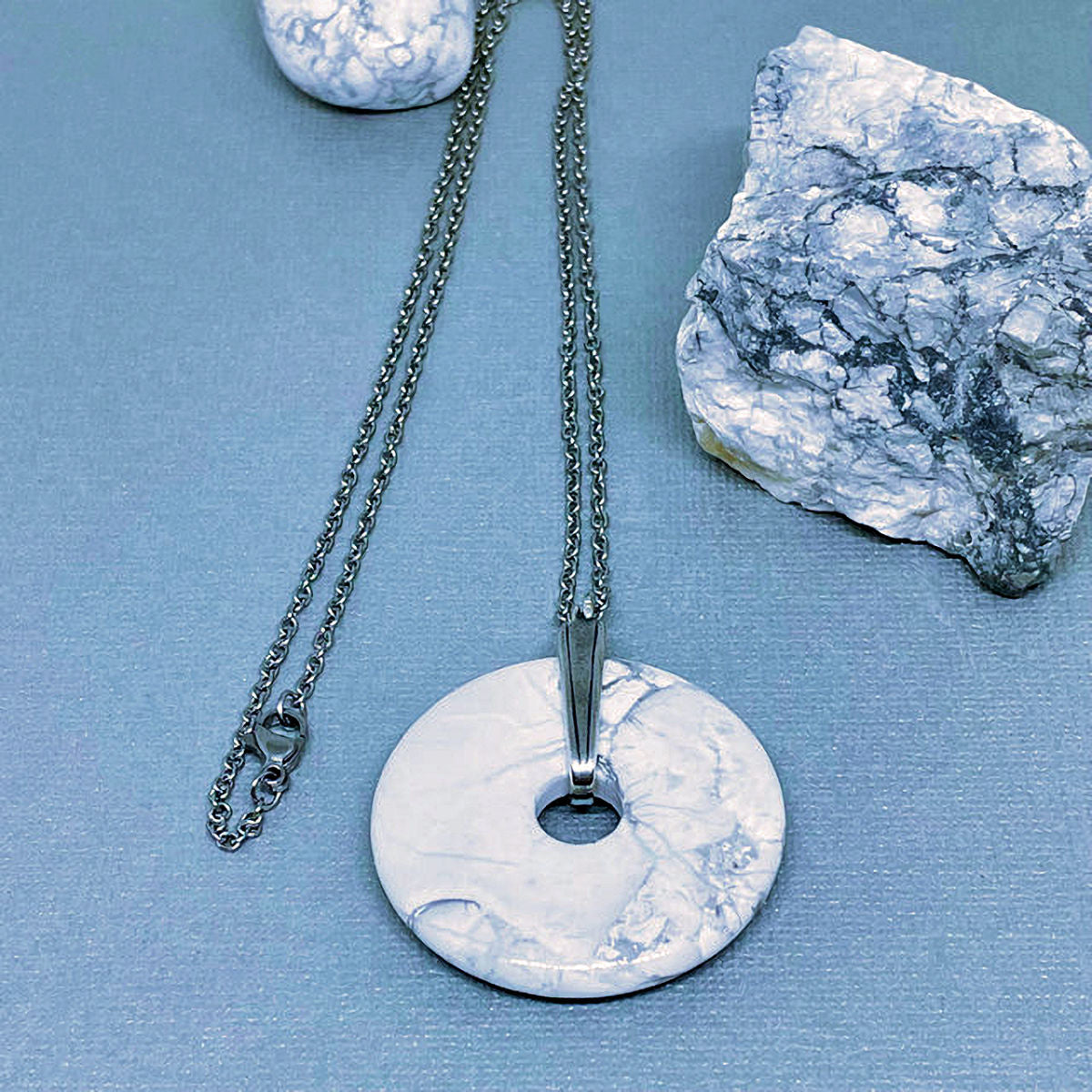 White Howlite Gemstone Donut Pendant with Stainless Steel Chain