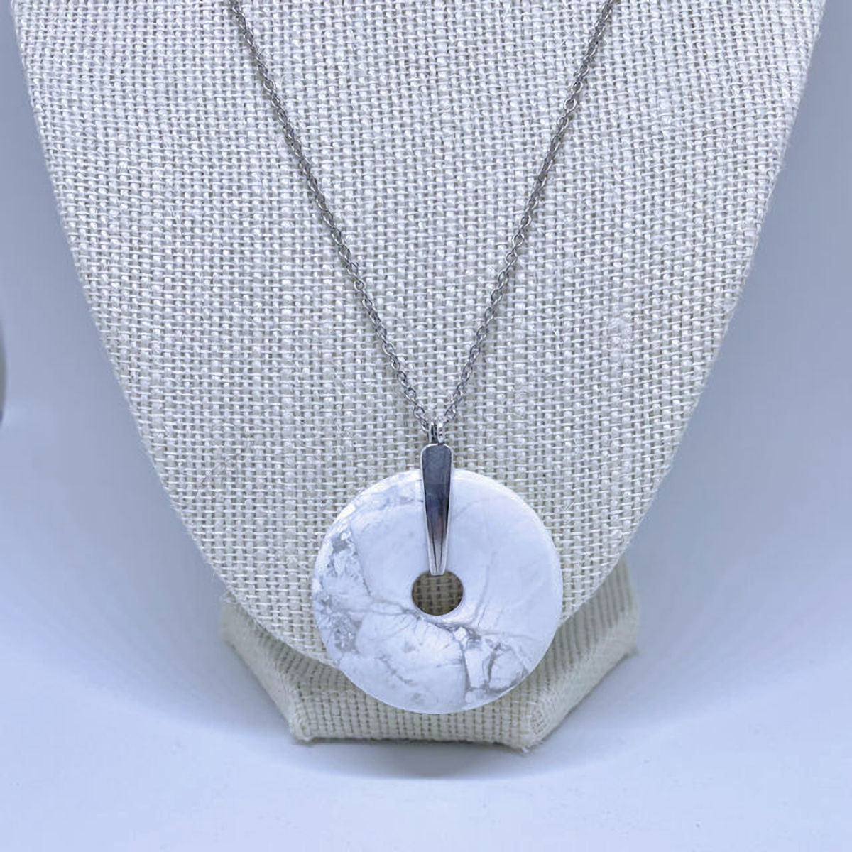 White Howlite Gemstone Donut Pendant with Stainless Steel Chain