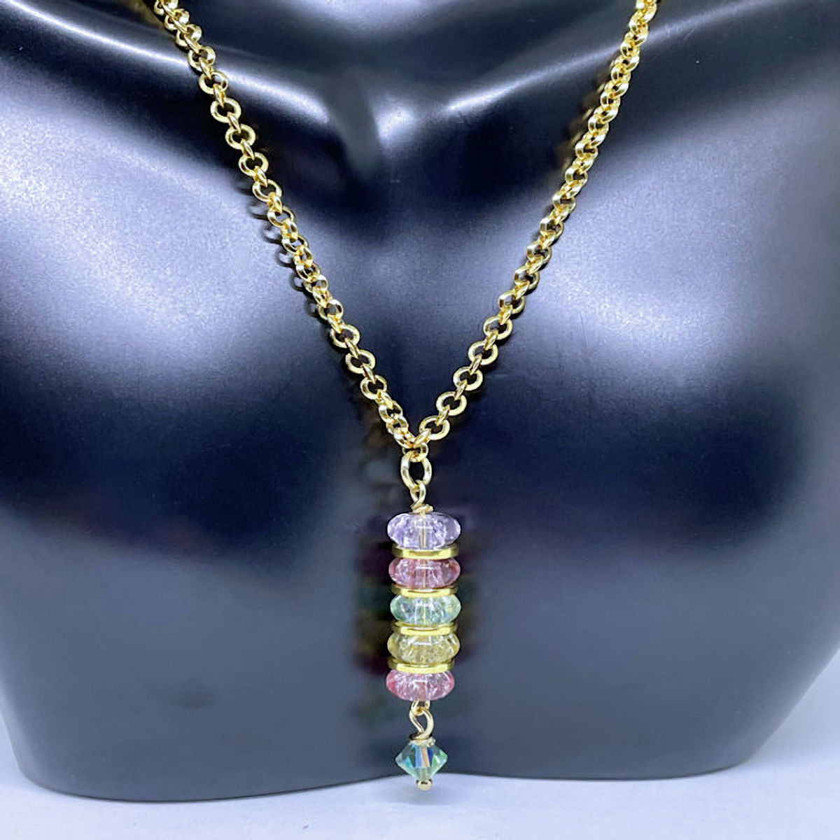Gold Plated Rolo Necklace with Multicolor Rondelle Cracked Crystal Beads
