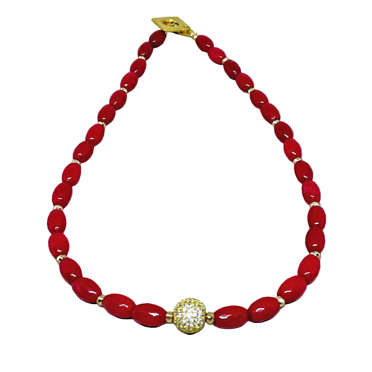 Faceted Red Jade Necklace accented with Pave Crystal Bead
