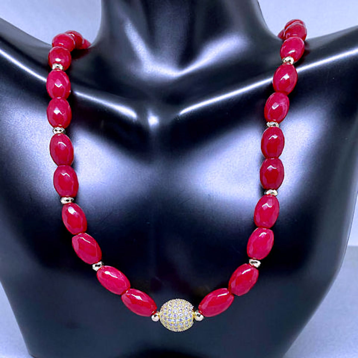 Faceted Red Jade Necklace accented with Pave Crystal Bead