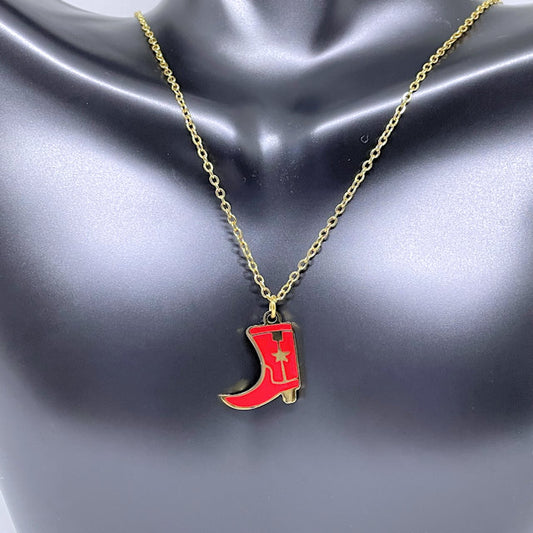 18K gold stainless steel Epoxy 3/4" red boot charm on stainless steel chain
